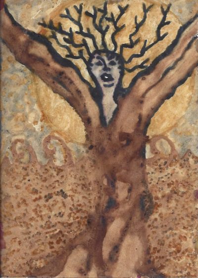 Painting of a tree-being reaching towards the sun made of food pigments